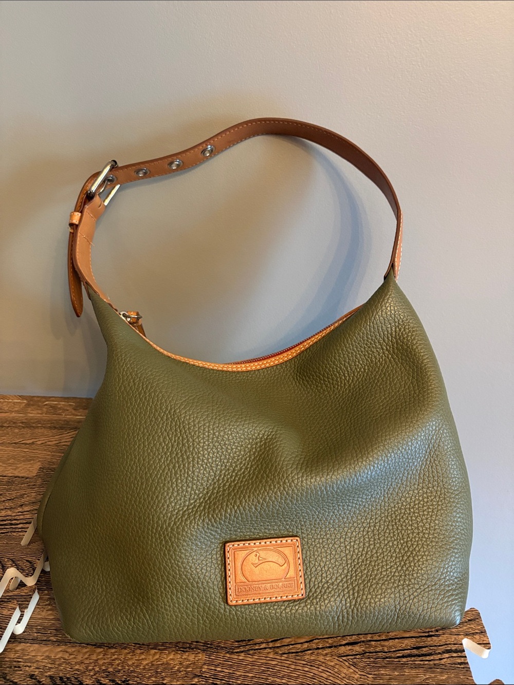 Dooney & Bourke Olive Green Pebble Leather Shoulder Bag with Tan Trim